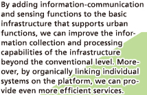 By adding information-communication and sensing functions to the basic infrastructure that supports urban functions, we can improve the information collection and processing capabilities of the infrastructure beyond the conventional level. Moreover, by organically linking individual systems on the platform, we can provide even more efficient services.