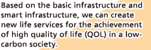 Based on the basic infrastructure and smart infrastructure, we can create new life services for the achievement of high quality of life (QOL) in a low-carbon society.